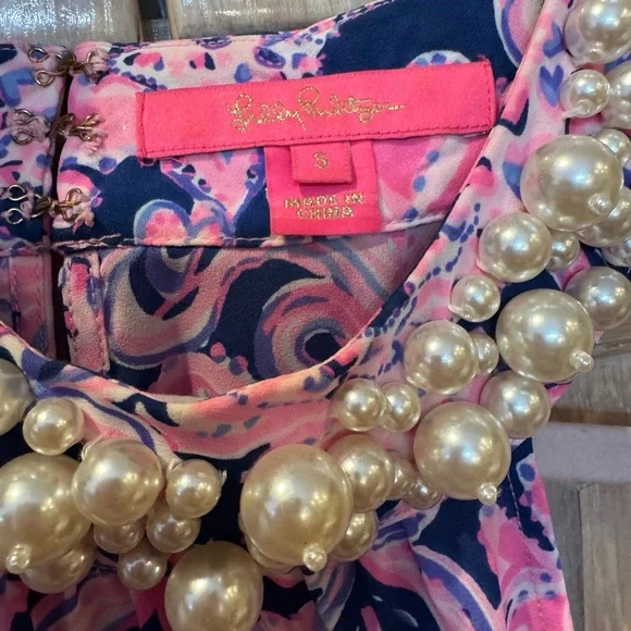Lilly Pulitzer Pink and Navy Pearl-Embellished Top size S - Picture 3 of 5